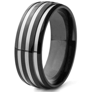 Black Titanium Brushed and Polished Striped Ring: 10