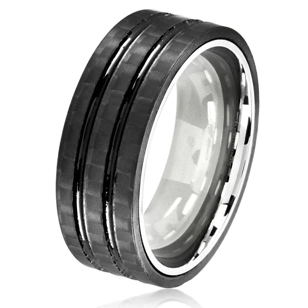 Carbon Fiber Overlay Grooved Comfort Fit Steel Ring: 11