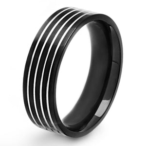 Grooved Striped Black Plated Steel Band Ring: 9