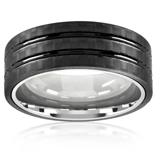 Carbon Fiber Overlay Grooved Comfort Fit Steel Ring: 11