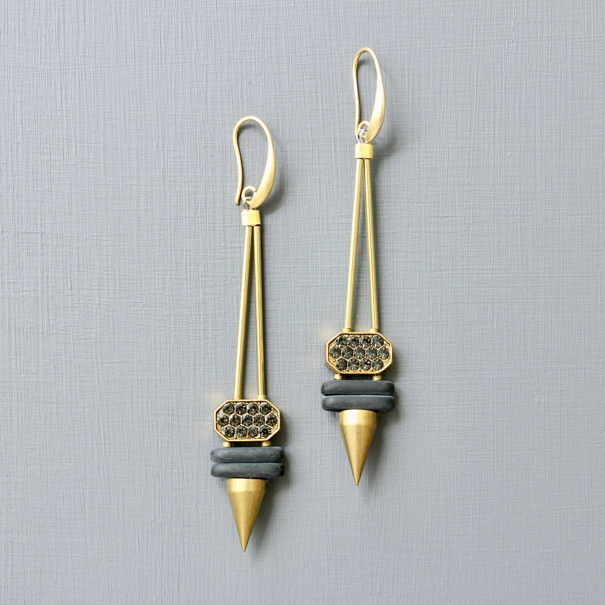 Black Glass & Rhinestone Spike Earrings