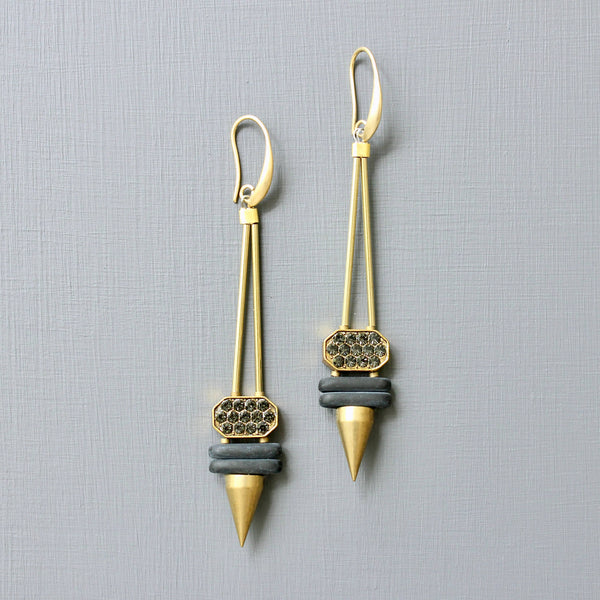 Black Glass & Rhinestone Spike Earrings