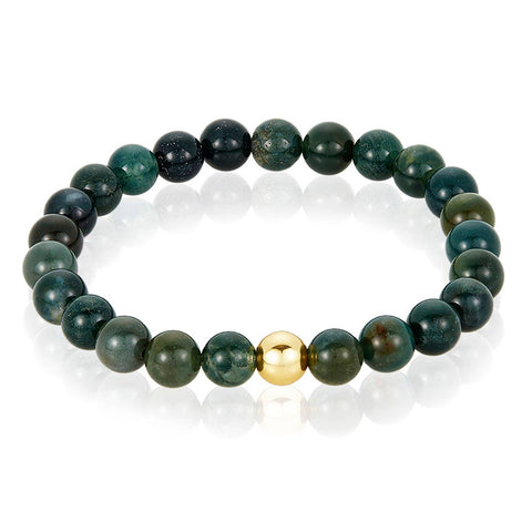 Natural Stone and Hematite Bead Stretch Bracelet (8mm): Moss Agate