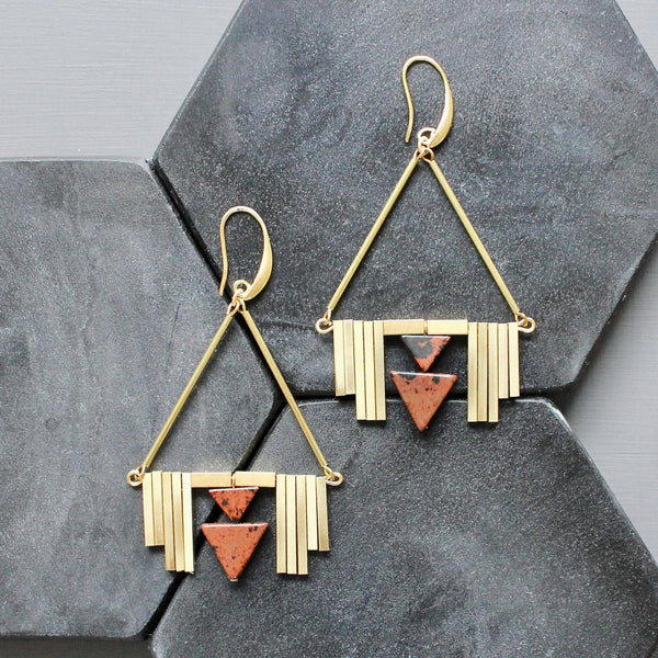 Burgundy & Brass Artdeco Earrings