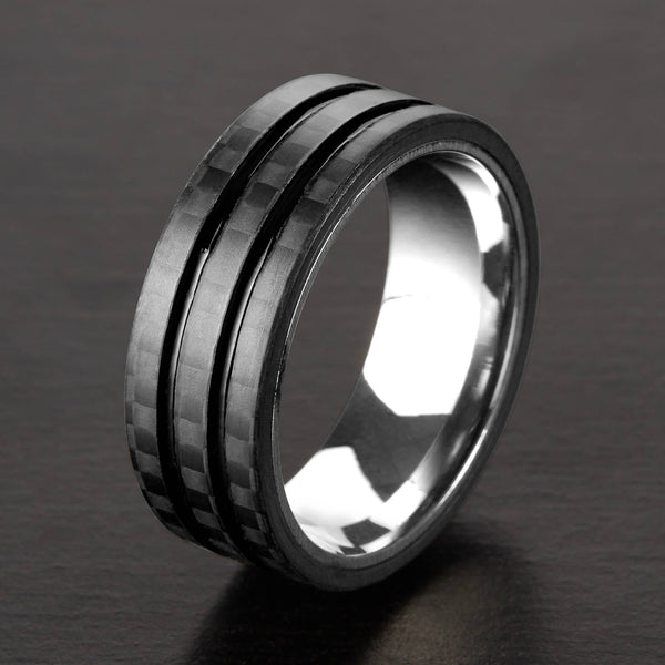 Carbon Fiber Overlay Grooved Comfort Fit Steel Ring: 11