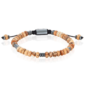 Rondelle Natural Stone and Hematite Bead Adjustable Bracelet: Picture Jasper