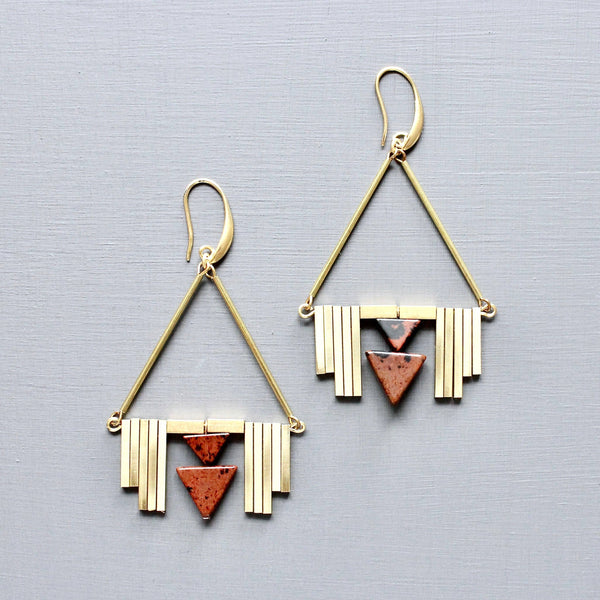 Burgundy & Brass Artdeco Earrings