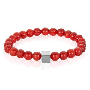 Natural Stone and Hematite Cube Bead Stretch Bracelet (8mm): Red Agate