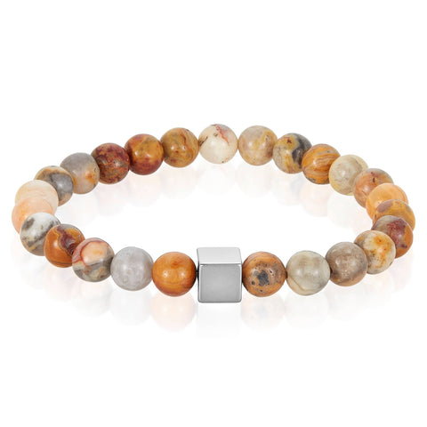 Natural Stone and Hematite Cube Bead Stretch Bracelet (8mm): Crazy Lace Agate