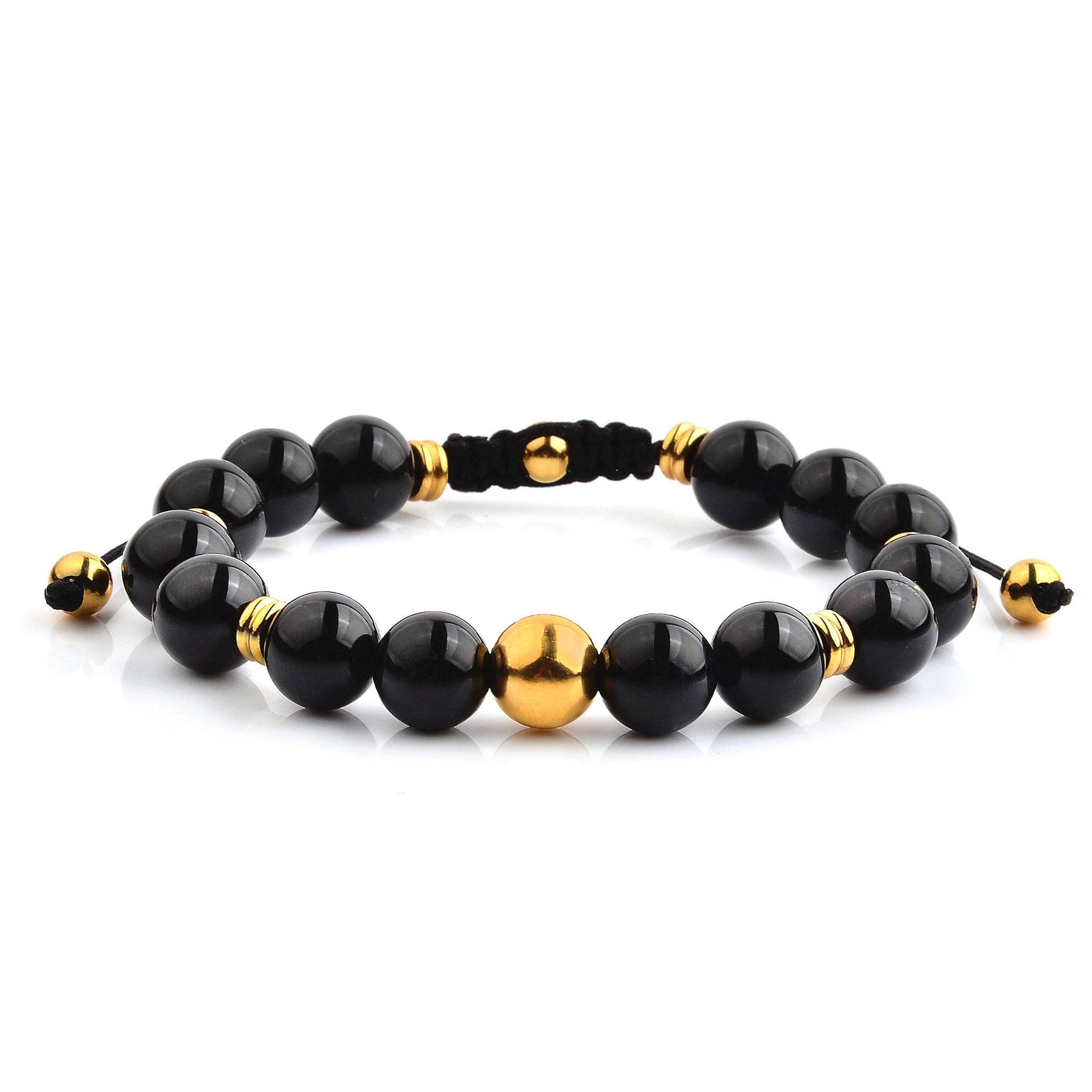 Stone and Gold Plated Beaded Adjustable Bracelet (10mm): Onyx