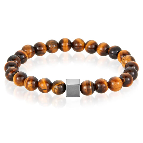 Natural Stone and Hematite Cube Bead Stretch Bracelet (8mm): Tiger Eye